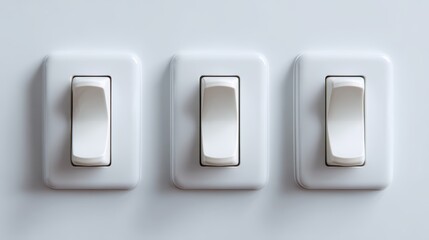 Poster - A row of three simple white light switches, on position, isolated on a pure white background. Control, power.