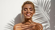 © Nur - Radiant summer glow, healthy sun kissed skin, beautiful woman smiling, tropical leaf shadows, carefree summer vibes, perfect tan, natural beauty, skincare, cosmetics
