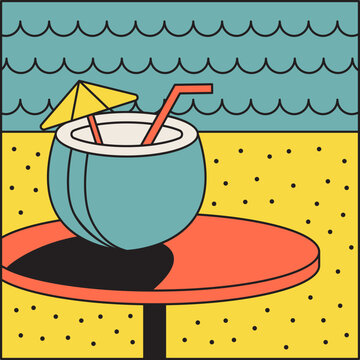Tropical Coconut Drink on Sandy Beach - Sunny Vacation Illustration