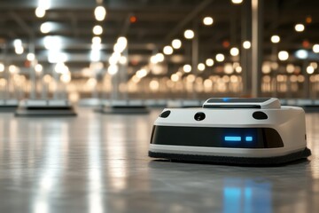 Poster - Autonomous cleaning robot operates in a spacious warehouse environment during the day