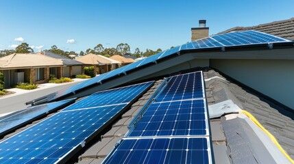 Solar panel installation on roof, sustainable energy and power generation in suburban area