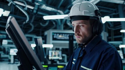 Industrial worker man using computer production control. Worker safety gear monitors industrial system using software. Industrial worker using computer ensures precision safety.