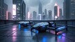 © haseeb - A futuristic tactical drone unit, consisting of sleek, metallic drones with glowing blue accents, rests on a sleek, rain-soaked sci-fi rooftop, surrounded by towering skyscrapers and neon-lit
