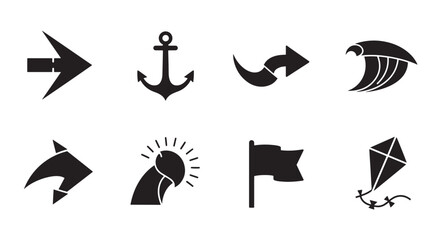 Poster - A collection of minimalist black icon illustrations including arrows anchor and wave concepts