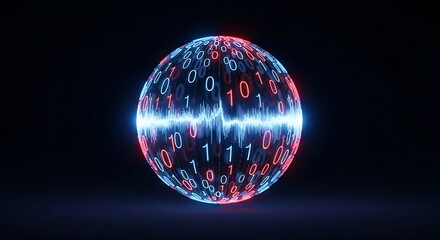 Glowing digital sphere composed of binary code with vibrant blue and red neon light effects