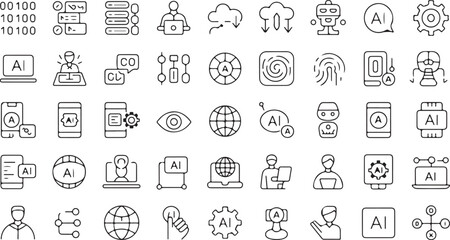 Set of black and white line icons for artificial intelligence and technology concepts