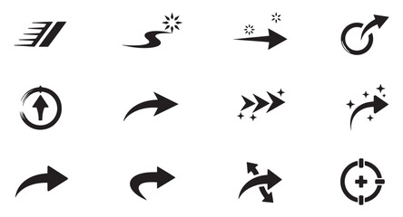 Poster - Collection of minimalist black arrow icons illustrating direction progress and navigation concepts