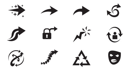 Poster - Diverse set of black arrow icons illustrating directions concepts and various symbolism