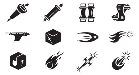 Poster - Set of stylized black icons depicting abstract concepts and futuristic designs