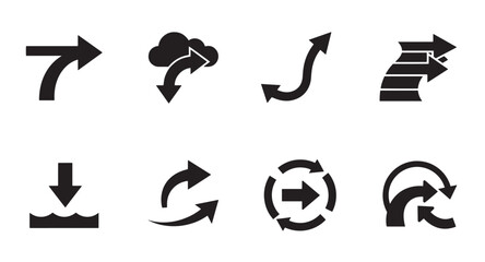 Poster - Vector icons of diverse black arrows representing different directions and concepts on white backgrounds