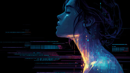 Female Coder Surrounded by Glowing Lines of Code in Neon Style