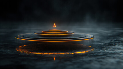 Aufkleber - Layered geometric shapes emit a luminous orange glow in a dark, misty environment