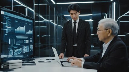 Poster - Two businessmen wearing suits are discussing company strategy using a laptop and big screen with displayed graphs and charts showing various statistics in a modern office