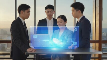 Poster - Four asian businesspeople are collaborating on a project, analyzing holographic financial data projected from a laptop in a modern office with a city view
