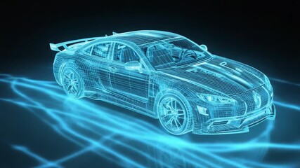 Poster - Glowing blue lines depict a futuristic sports car, creating a holographic image that suggests speed and advanced technology, reflecting on a dark glossy surface