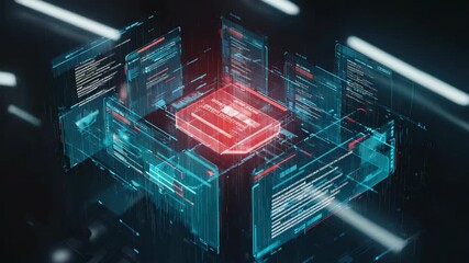 Poster - Quantum computer processing data from futuristic hologram screens showing programming code in a dark cyberspace environment with light trails