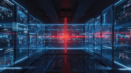 Poster - Red laser beams crossing within a futuristic command center, highlighting interactive data analysis on transparent digital holographic screens, create a captivating technological atmosphere