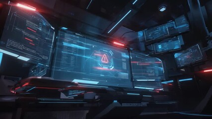 Poster - Multiple computer screens displaying code and a prominent alert message in a futuristic command center setting suggest a critical system error or security breach