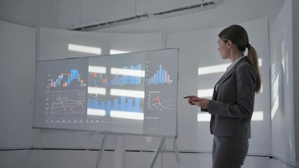 Poster - Businesswoman in suit using interactive whiteboard, presenting company's financial results, pointing at charts and graphs, holding smartphone, in modern office