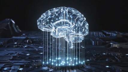 Poster - Glowing digital brain hovering over circuit board, symbolizing machine learning, artificial intelligence, and technological advancement in a futuristic setting