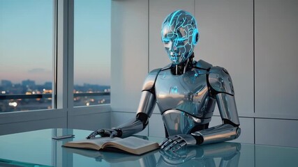 Poster - Futuristic robot with glowing head is sitting at glass desk and reading book, learning and using artificial intelligence in modern office with skyline view
