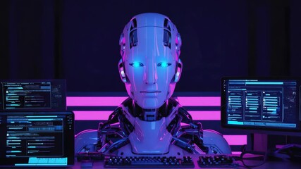 Poster - Humanoid robot sitting at a desk, interacting with a futuristic computer featuring glowing screens and illuminated by neon lights in a dark modern office