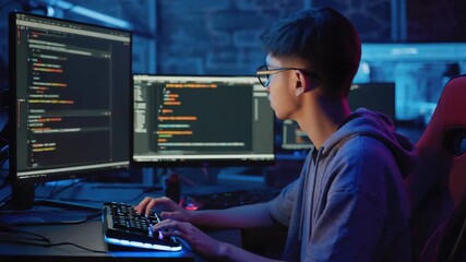 Poster - Young asian software developer focused on coding at a backlit keyboard in a dark office, illuminated by the glow of multiple screens displaying complex scripts