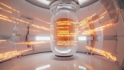 Poster - Futuristic laboratory environment showcasing a glass cylinder processing data, illuminated by vibrant orange light trails, creating a sense of advanced technology and scientific exploration