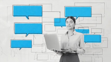 Poster - Businesswoman is holding a laptop with multiple speech bubbles surrounding her. Symbolizing online communication. Social media engagement. And the importance of digital marketing in modern business