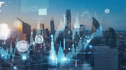 Poster - Immersive cityscape at sunset highlighting technology and data analysis in the financial district, illuminated by holographic charts and digital icons