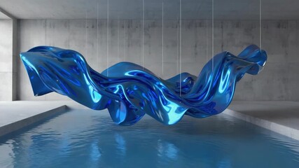 Fototapete - Blue metallic cloth hanging gracefully from the ceiling above an indoor pool in a concrete room, enhancing the modern and artistic ambiance of the space with its elegant flow