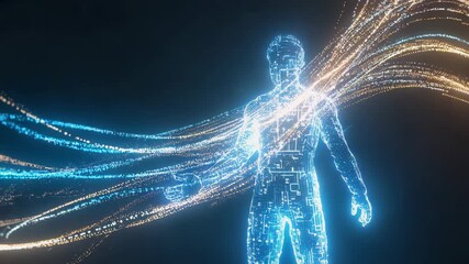 Poster - Futuristic humanoid robot generating energy beams and data streams, symbolizing artificial intelligence, technological advancement, and the fusion of man and machine