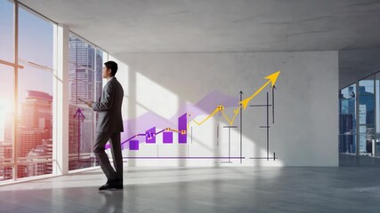 Poster - Businessman analyzing a positive financial chart displayed on a wall while using a tablet in a modern office with a stunning city skyline view, reflecting growth and success