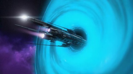 Poster - Futuristic spaceship entering a vibrant wormhole, traveling through the vastness of space, surrounded by brilliant lights and a mesmerizing purple nebula in the backdrop