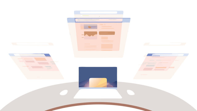 Illustration of a laptop on a desk with multiple browser windows floating in the background view online