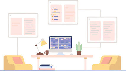 Illustration of a home office setup with computer, desk, chairs, and floating application windows