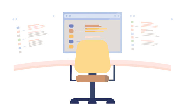 Illustration of a swivel chair facing a computer screen with two side monitors showing text