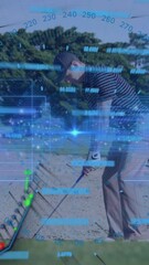 Poster - Swinging club, golfer with animation of digital data and graphs on screen