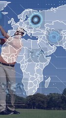 Poster - Swinging golf club, golfer with animation of world map and data overlays