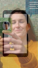 Poster - Using smartphone, person receiving social media notifications with animation overlay
