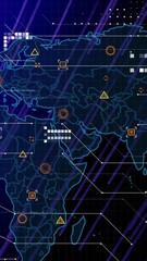 Poster - Animation of world map with data points and digital patterns on purple background