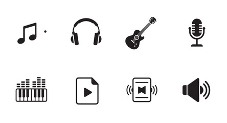 Poster - Collection of minimalist black and white music icons representing various musical instruments and sounds