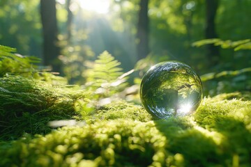 Aufkleber - Serene Forest Scene with Sunlight Filte Through Tall Green Trees and a Glass Sphere Resting on Mossy Ground in Nature Landscape
