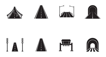Poster - Simple black and white icon set illustrating different types of roads and transportation infrastructure