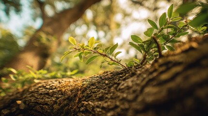 Aufkleber - Close-up of a young green plant sprouting and growing on the rough textured bark of a tree branch in a natural forest setting du daytime