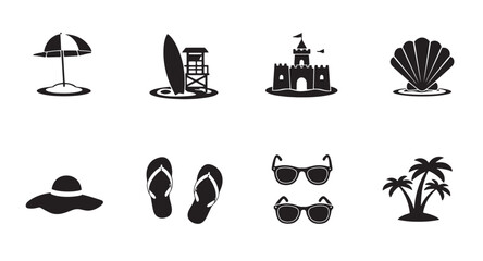 Poster - Summer vacation icons beach elements illustrated in a classic minimalistic black and white style
