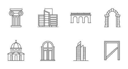 Poster - Vector illustration depicting various architectural elements including buildings bridges columns and arches