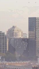 Poster - City skyline with animation of digital world map overlaying buildings in background