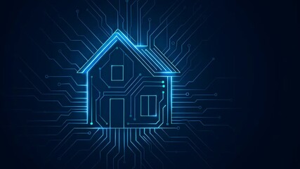 Poster - Smart home energy storage. Smart home technology with glowing blue circuit lines forming digital house shape, futuristic smart home circuit design