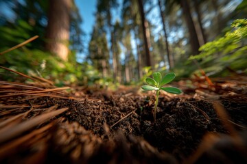 Aufkleber - Close-up of a small green sprout emerging from dark rich soil in a lush green forest with tall trees and sunlight filte through the foliage